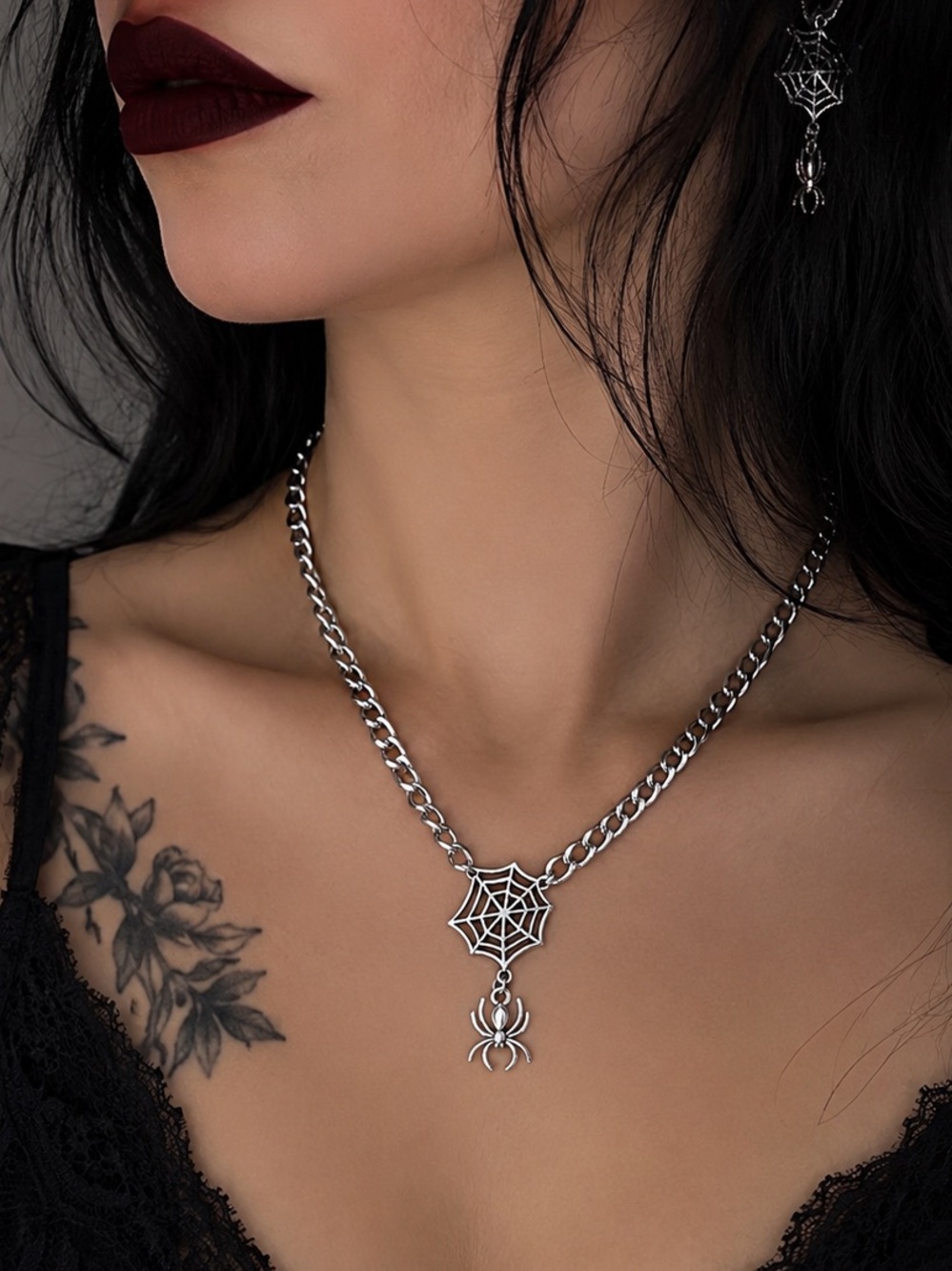 Silver Spiderweb Pendant Necklace - Gothic Chain